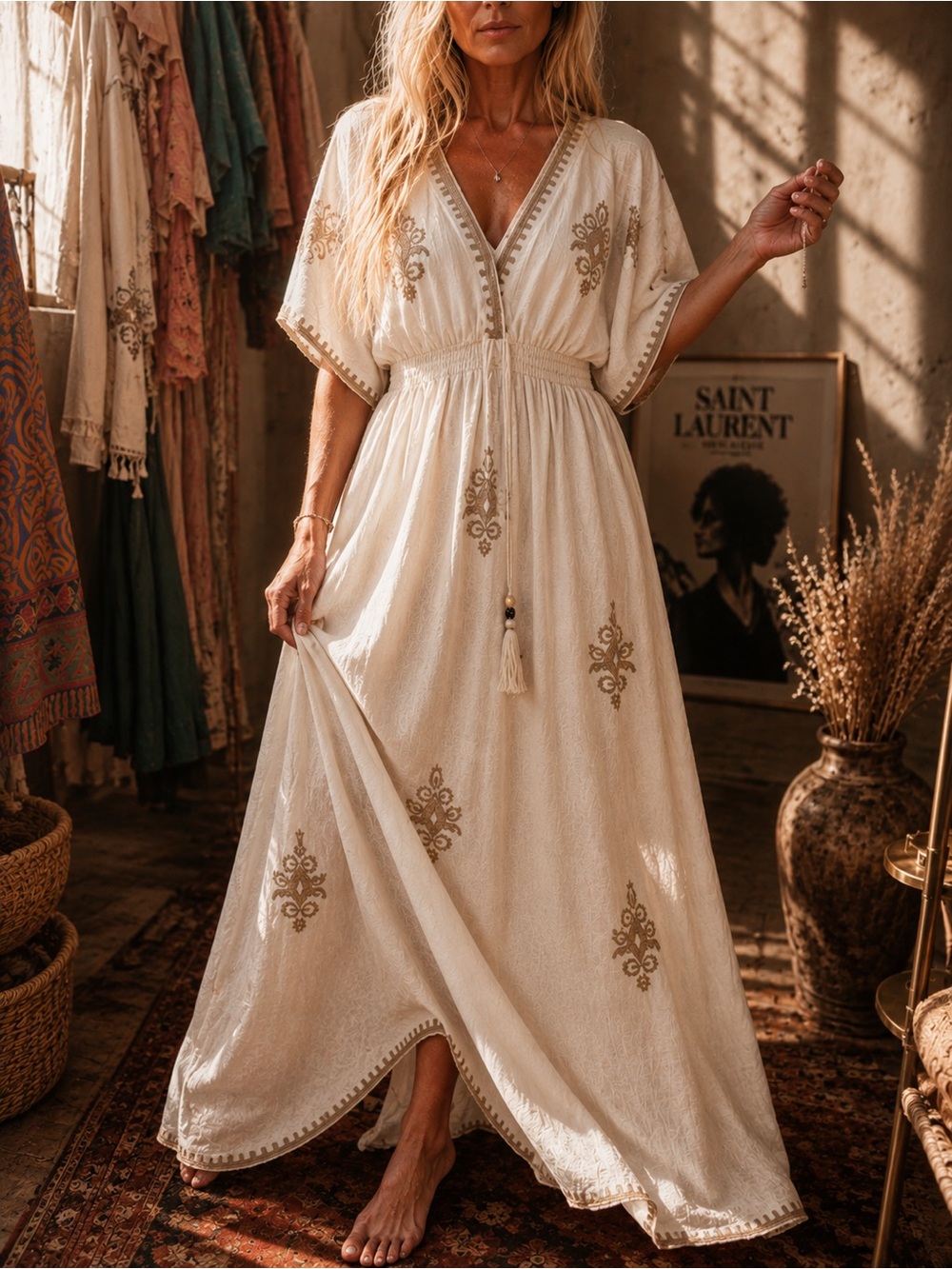Private Label Ivory Maxi Dress with Gold Embroidery